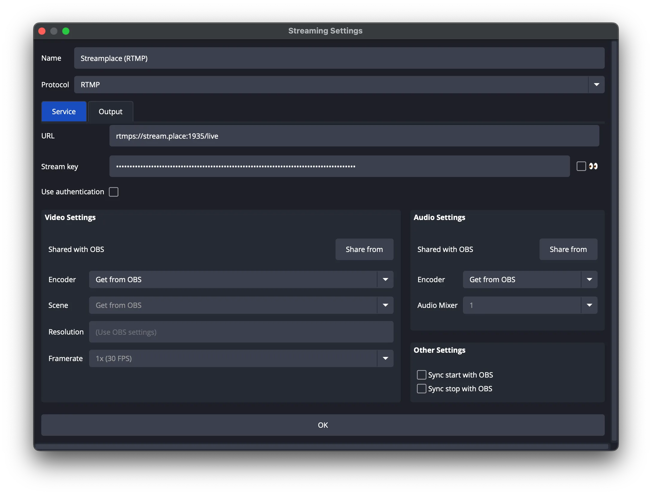 Multistreaming settings in OBS using obs-multi-rtmp plugin.
